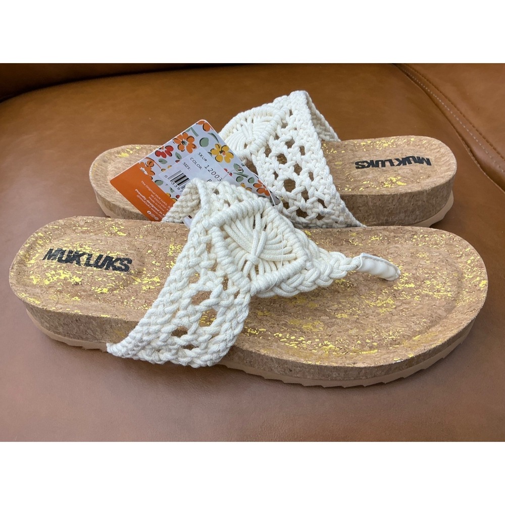 Muk Luks Macrame Thong Sandals Womens 7 Beige New Gold Fleck Cork Slides 1200325